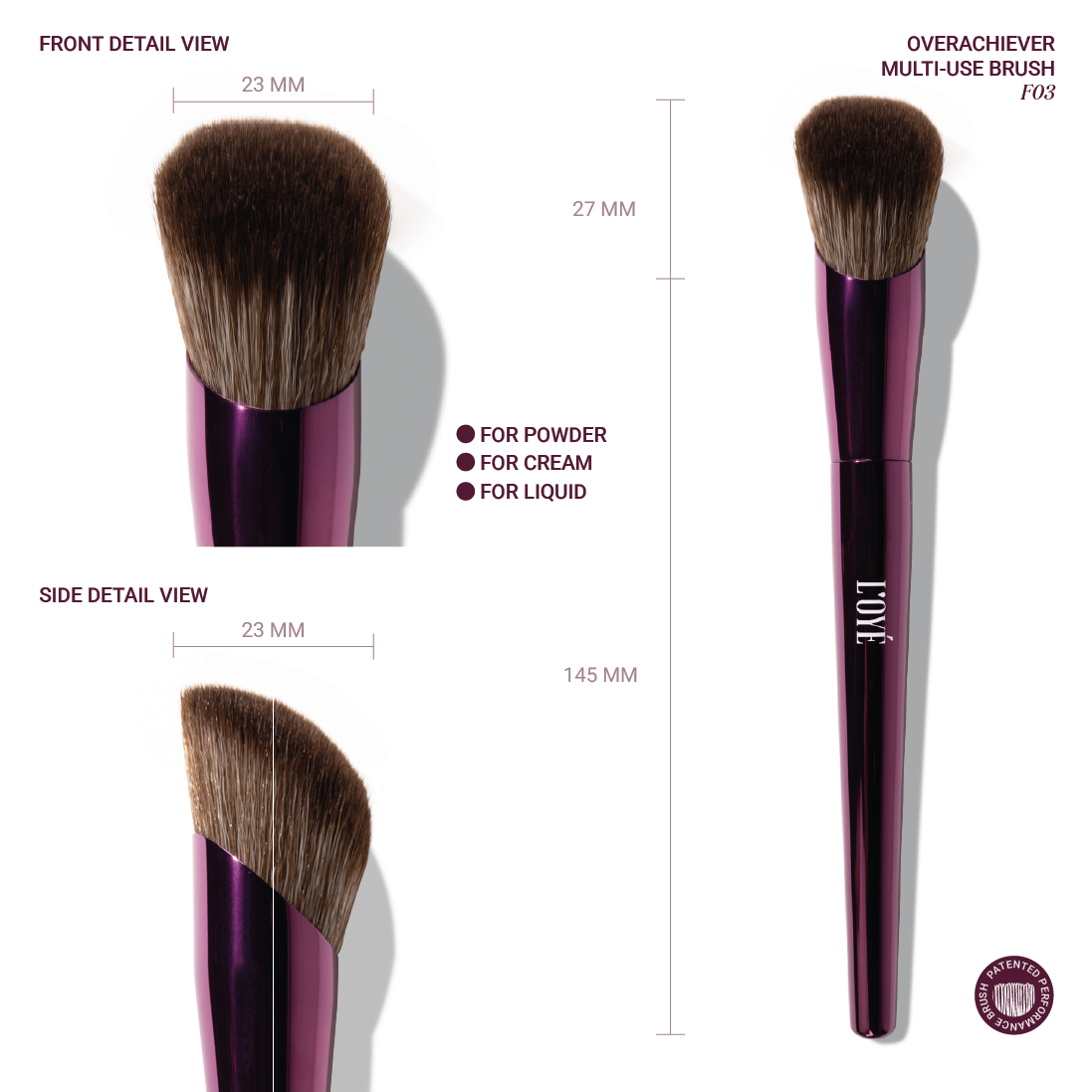 Eén kwast die alles kan. Overachiever is jouw multi-use brush voor poeder, cream én liquid. Van foundation tot contour, van blush tot glow: je brengt aan, blendt uit en bouwt op, zonder strepen.
De schuin gesneden vorm geeft je veel controle (alsof je met je vingertoppen werkt), terwijl de dichte, zachte haren product gelijkmatig verdelen en mooi in de huid laten versmelten. Resultaat: een smooth, natuurlijke finish die je makkelijk intenser maakt wanneer jij dat wil.