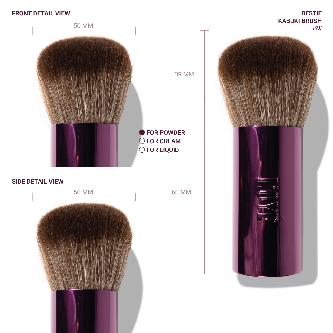 F01 Bestie Kabuki Brush van L'OYÉ Cosmetics is je nieuwe beste vriendin voor je mineral base. Ze brengt Mineral Primer en Mineral Foundation snel en egaal aan en bufft alles naadloos in voor een smooth, natuurlijke finish, zonder strepen.