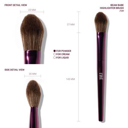 Beam Babe brengt de glow. De zacht taps toelopende vorm volgt moeiteloos elke highlight-zone en geeft je precies genoeg controle voor een mooie, clean shine. De ultra-flexibele, zachte haren blenden naadloos en maken het makkelijk om te kiezen: een subtiele shimmer of juist full beam. In seconden een frisse, stralende finish zonder harde randen.